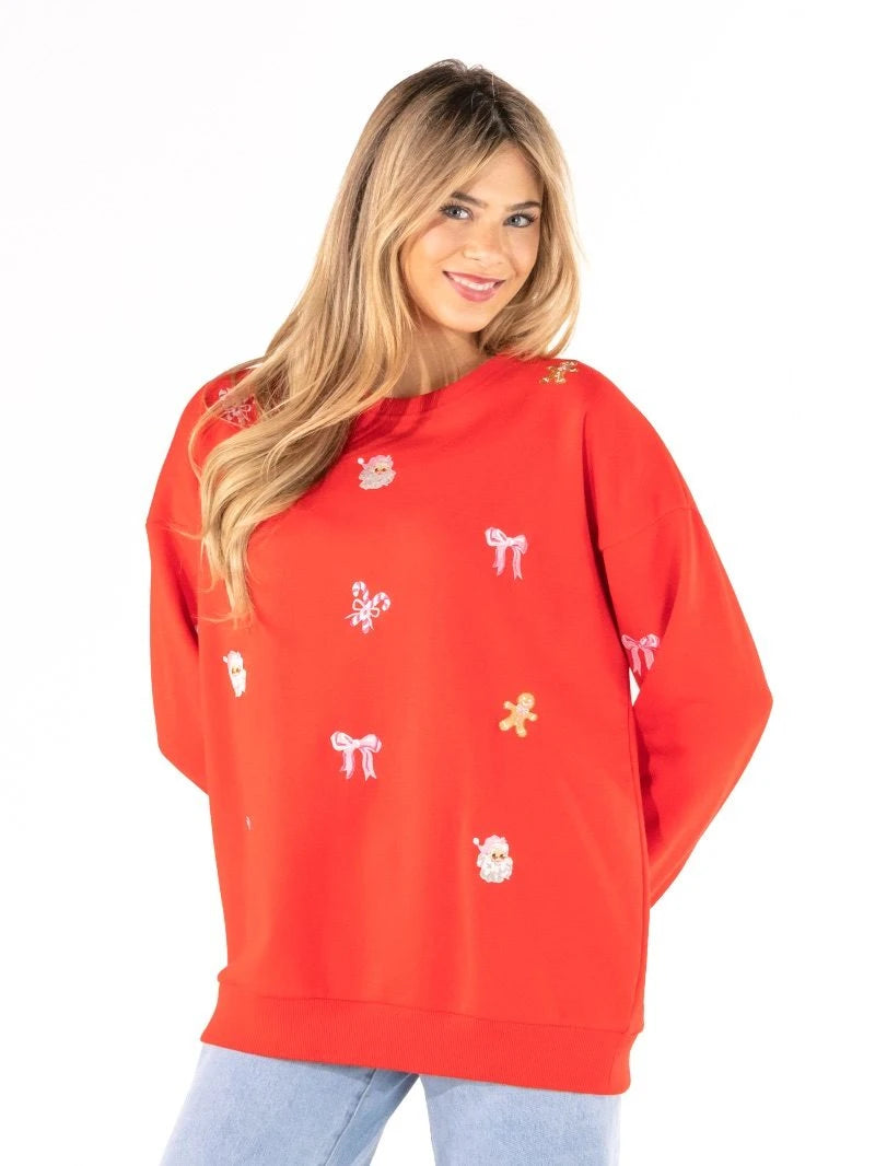 Adult Red Embroidered Holiday Crewneck