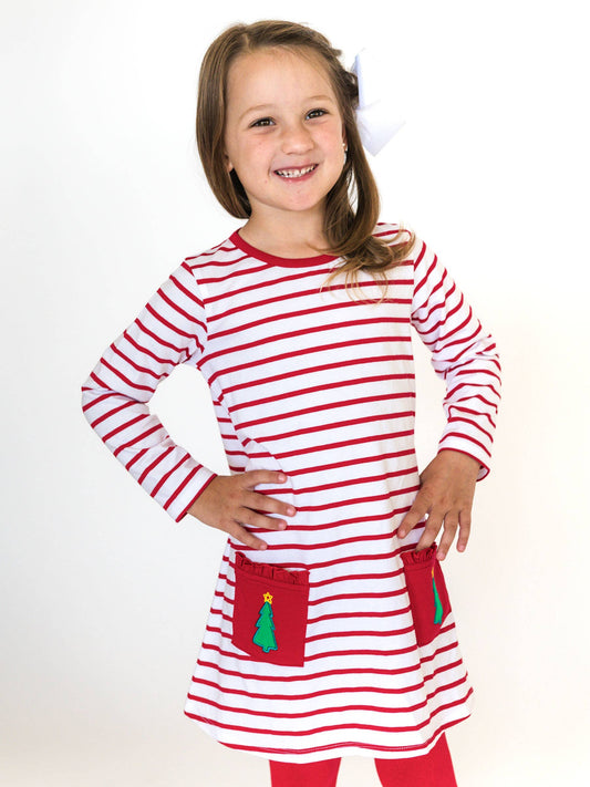 Red Stripe Knit Tree Pockets Dress