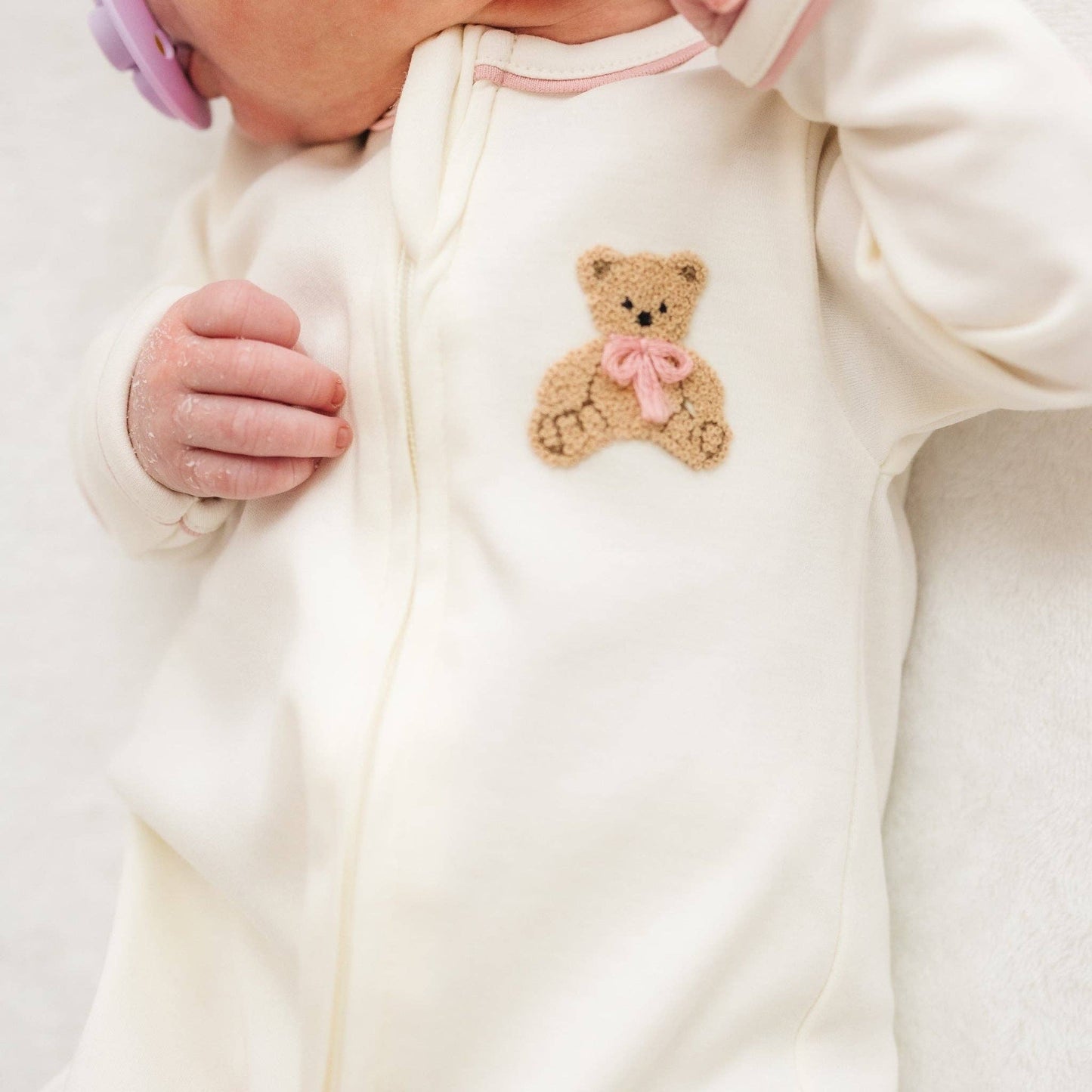 Bear Hugs Zip Footie in Rose