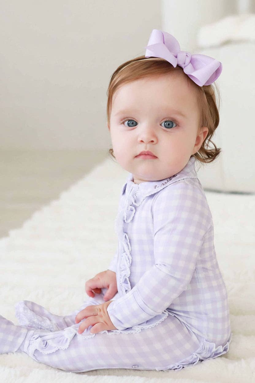 Ruffle Zipper Footie in Lilac Gingham