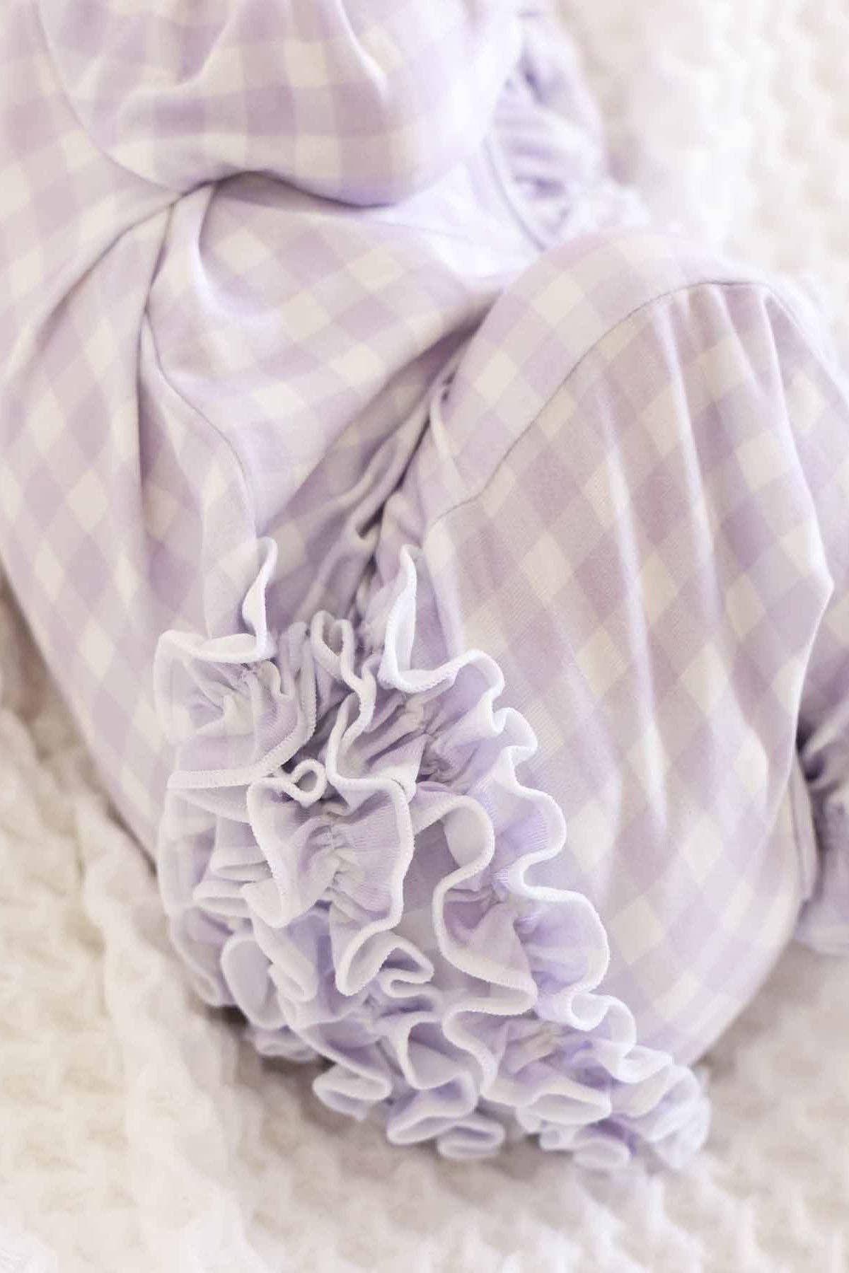 Ruffle Zipper Footie in Lilac Gingham