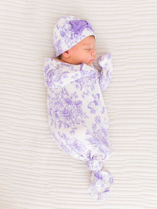 Purple Toile Knot Gown & Hat Set