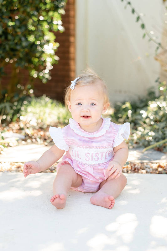 Pink Striped Lil Sis Smocked Romper