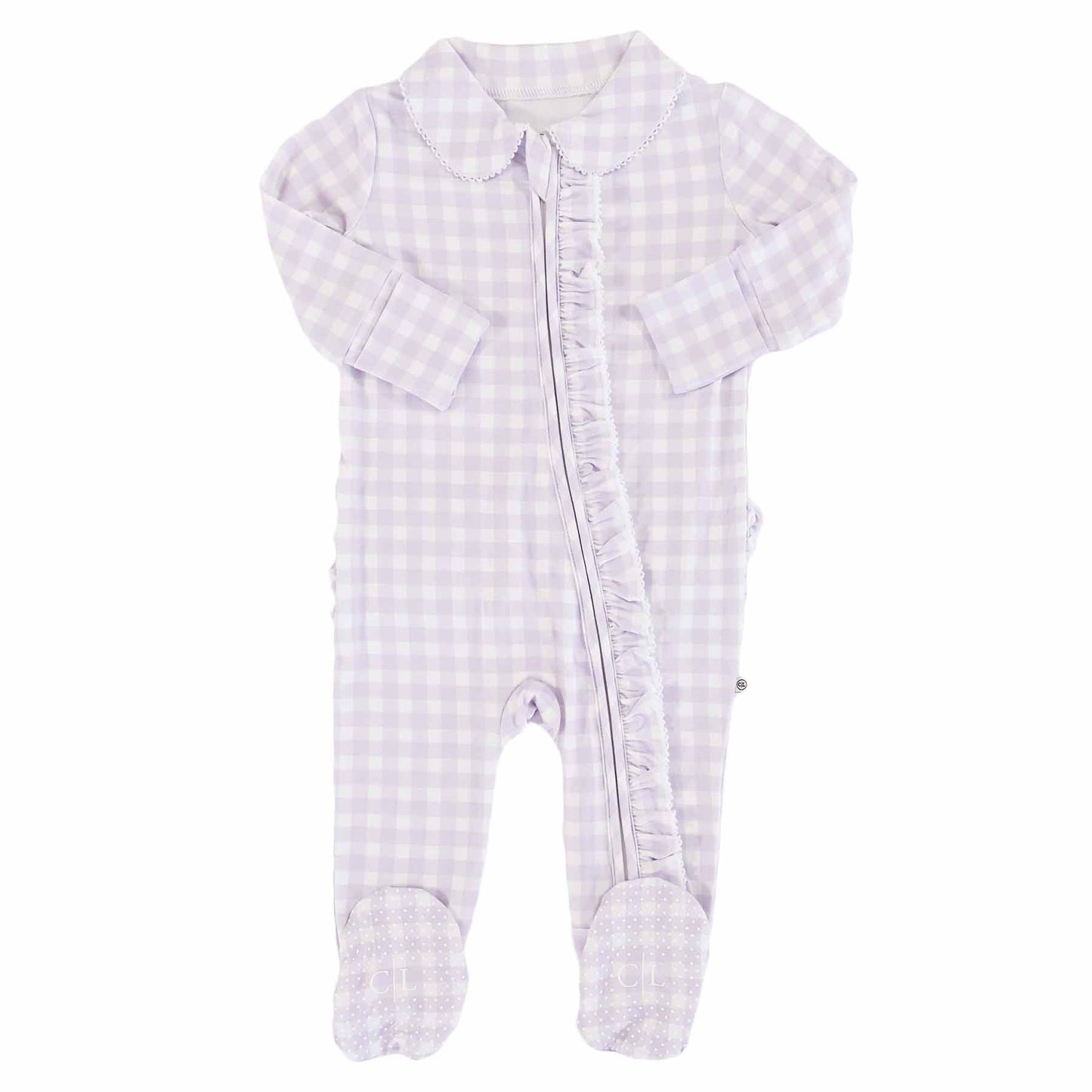 Ruffle Zipper Footie in Lilac Gingham