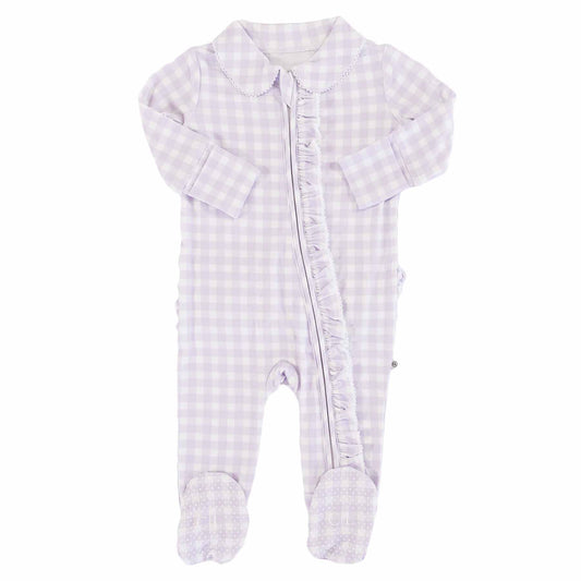Ruffle Zipper Footie in Lilac Gingham