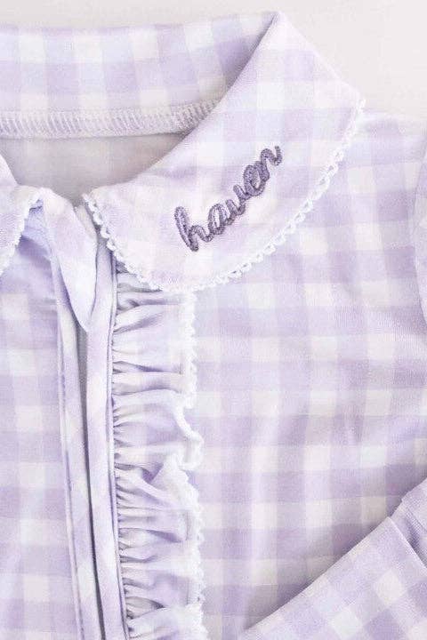 Ruffle Zipper Footie in Lilac Gingham