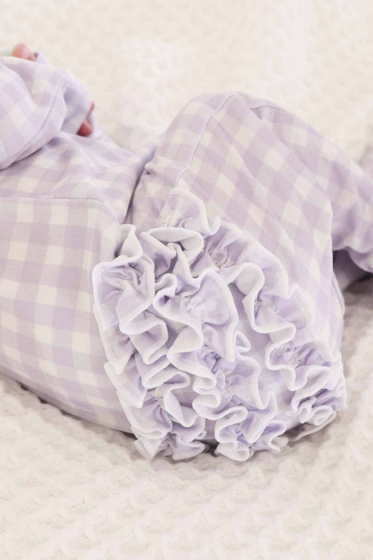 Ruffle Zipper Footie in Lilac Gingham