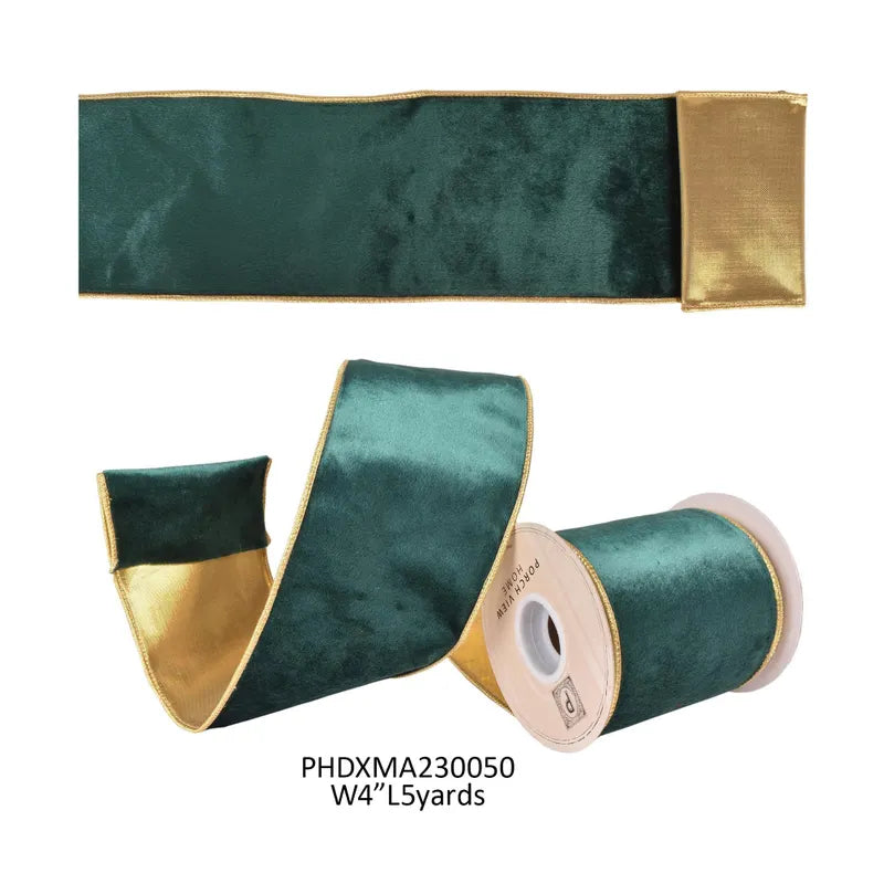 Emerald Velvet Ribbon Gold Edge 4"