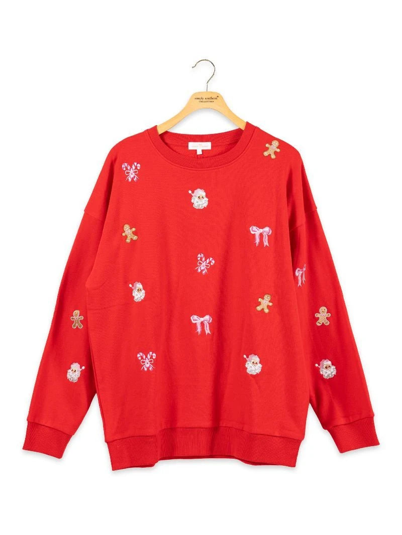 Adult Red Embroidered Holiday Crewneck