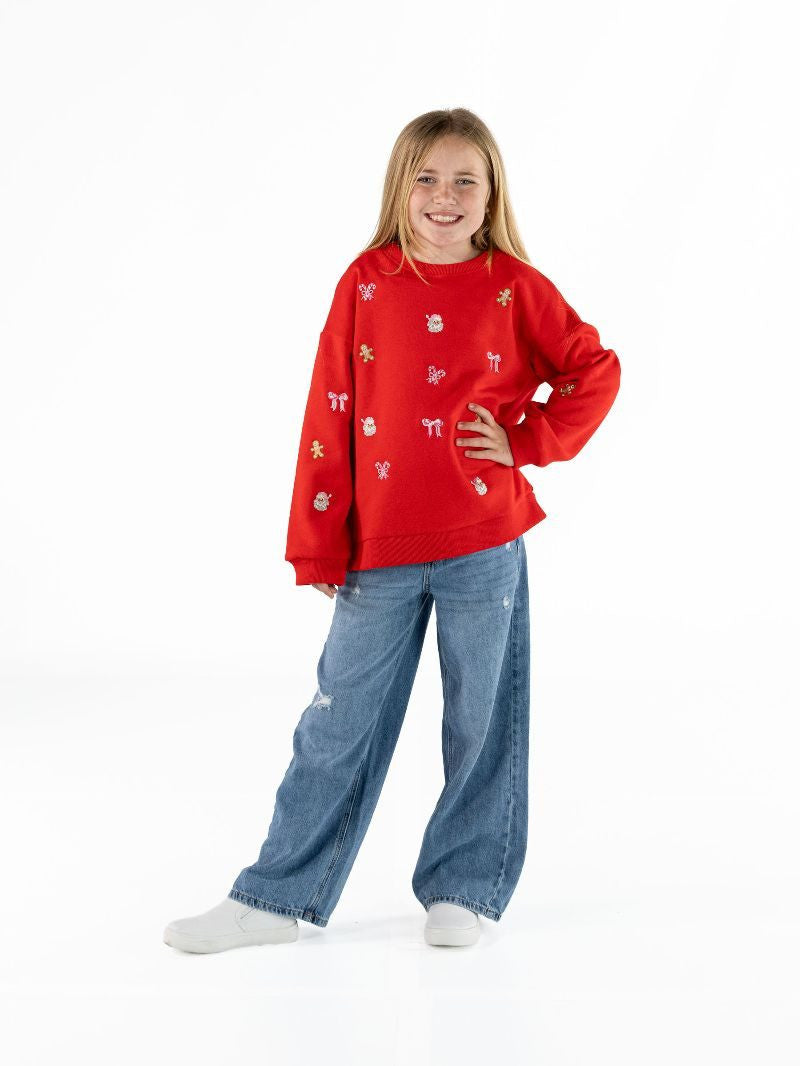 Youth Red Holiday Embroidered Crewneck
