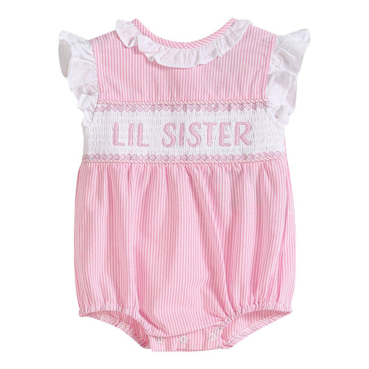 Pink Striped Lil Sis Smocked Romper