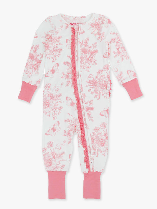 Pink Toile Convertible Ruffle  Footie