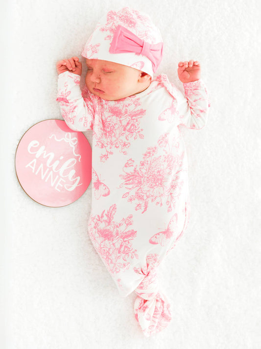 Pink Toile Knot Gown & Hat Set