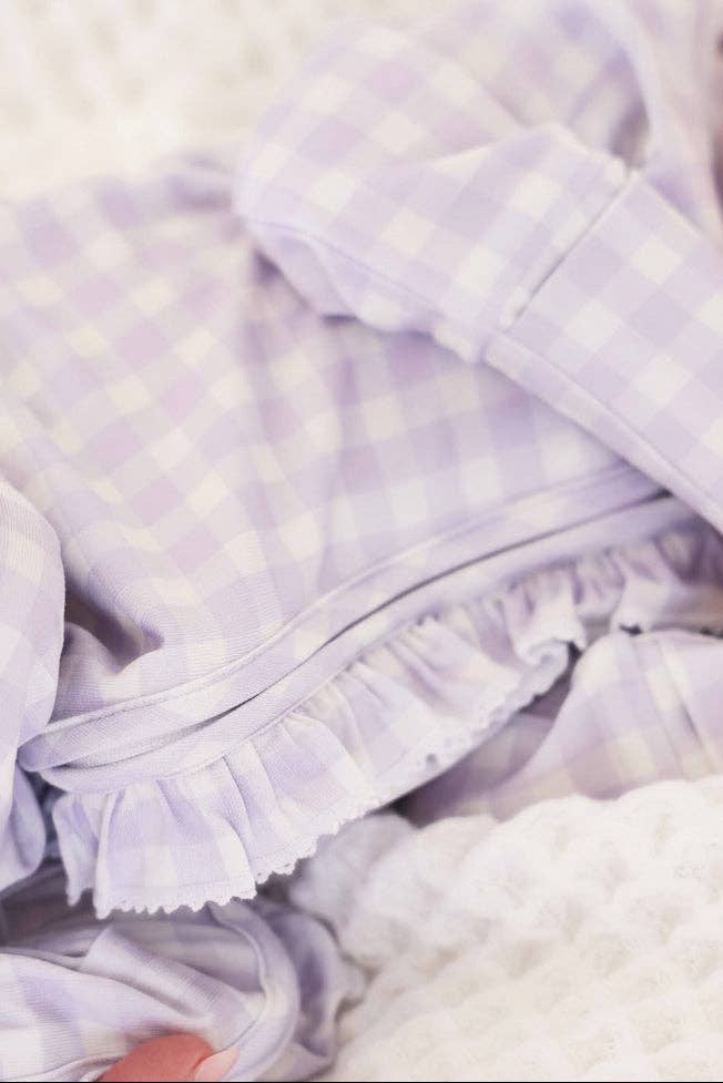 Ruffle Zipper Footie in Lilac Gingham