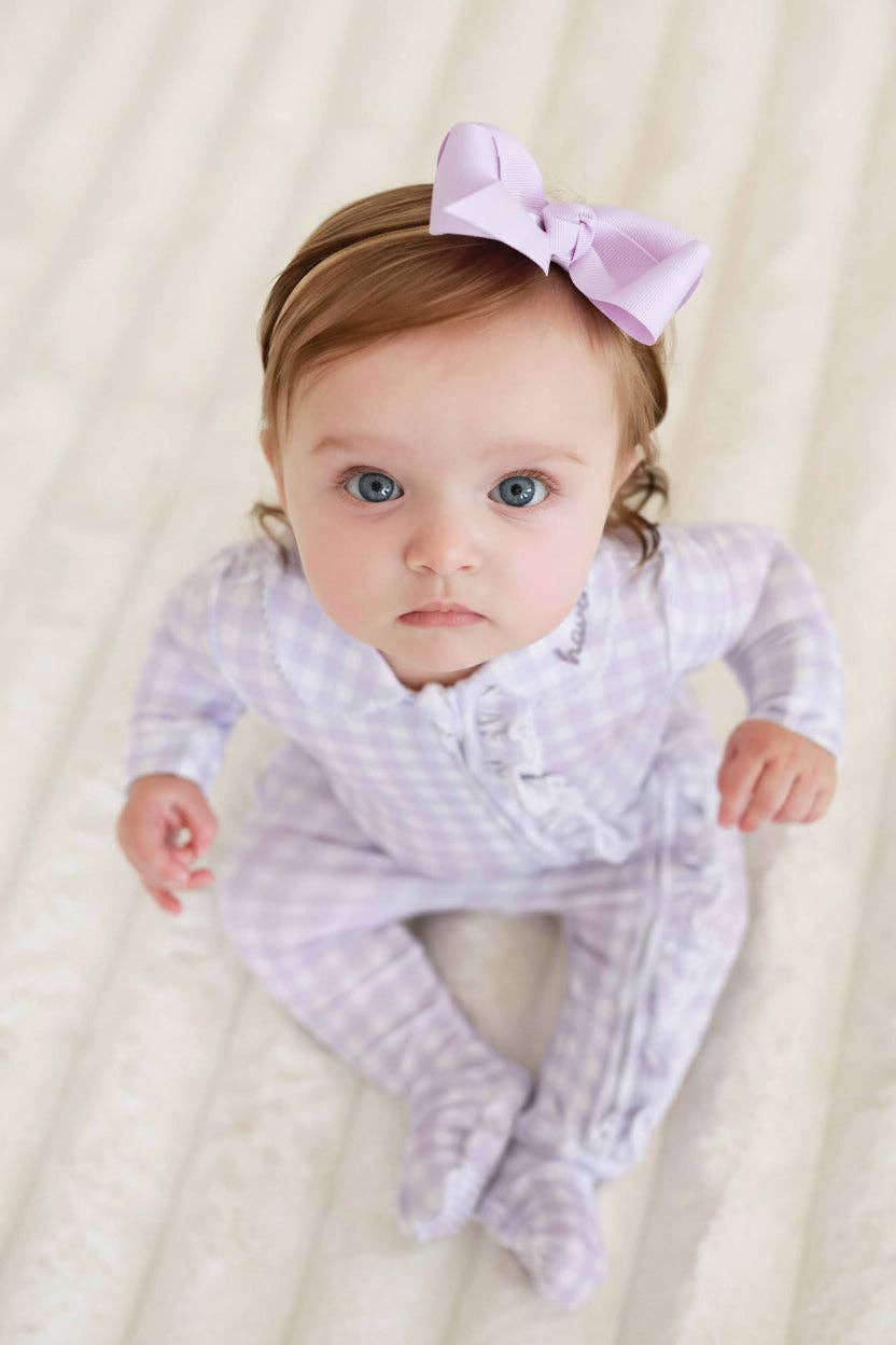 Ruffle Zipper Footie in Lilac Gingham