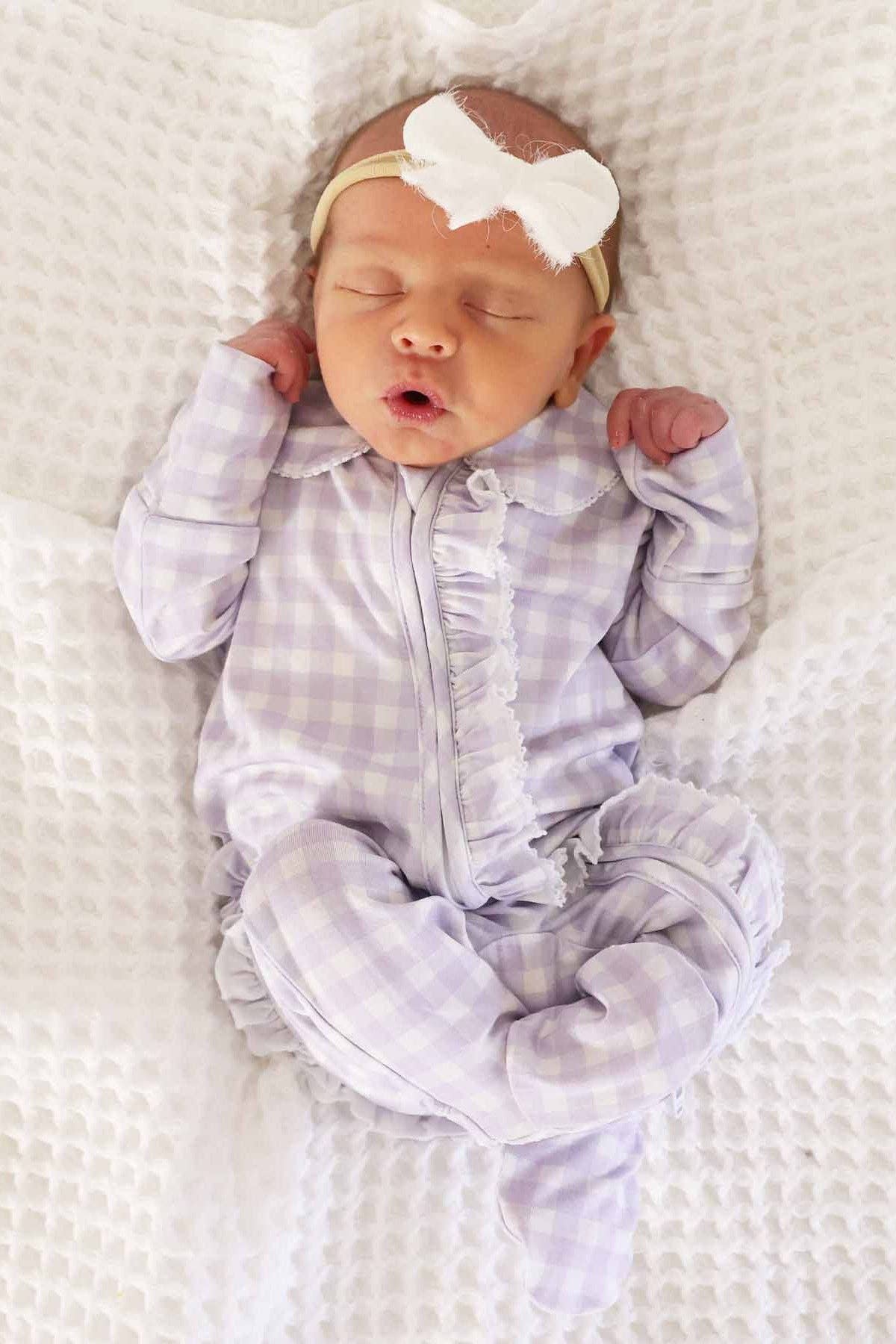 Ruffle Zipper Footie in Lilac Gingham