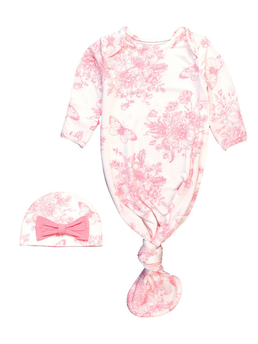 Pink Toile Knot Gown & Hat Set