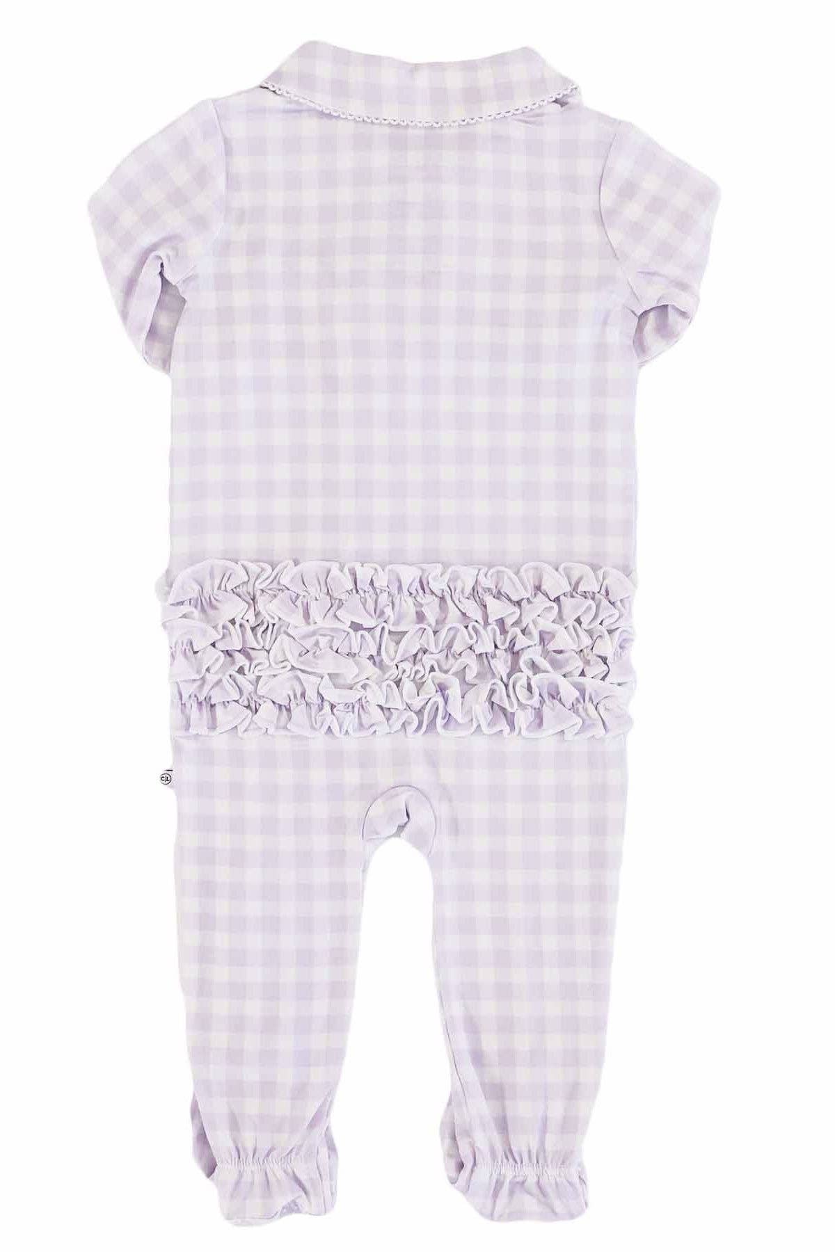 Ruffle Zipper Footie in Lilac Gingham
