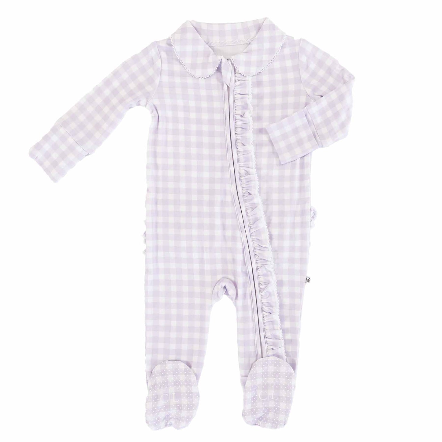 Ruffle Zipper Footie in Lilac Gingham